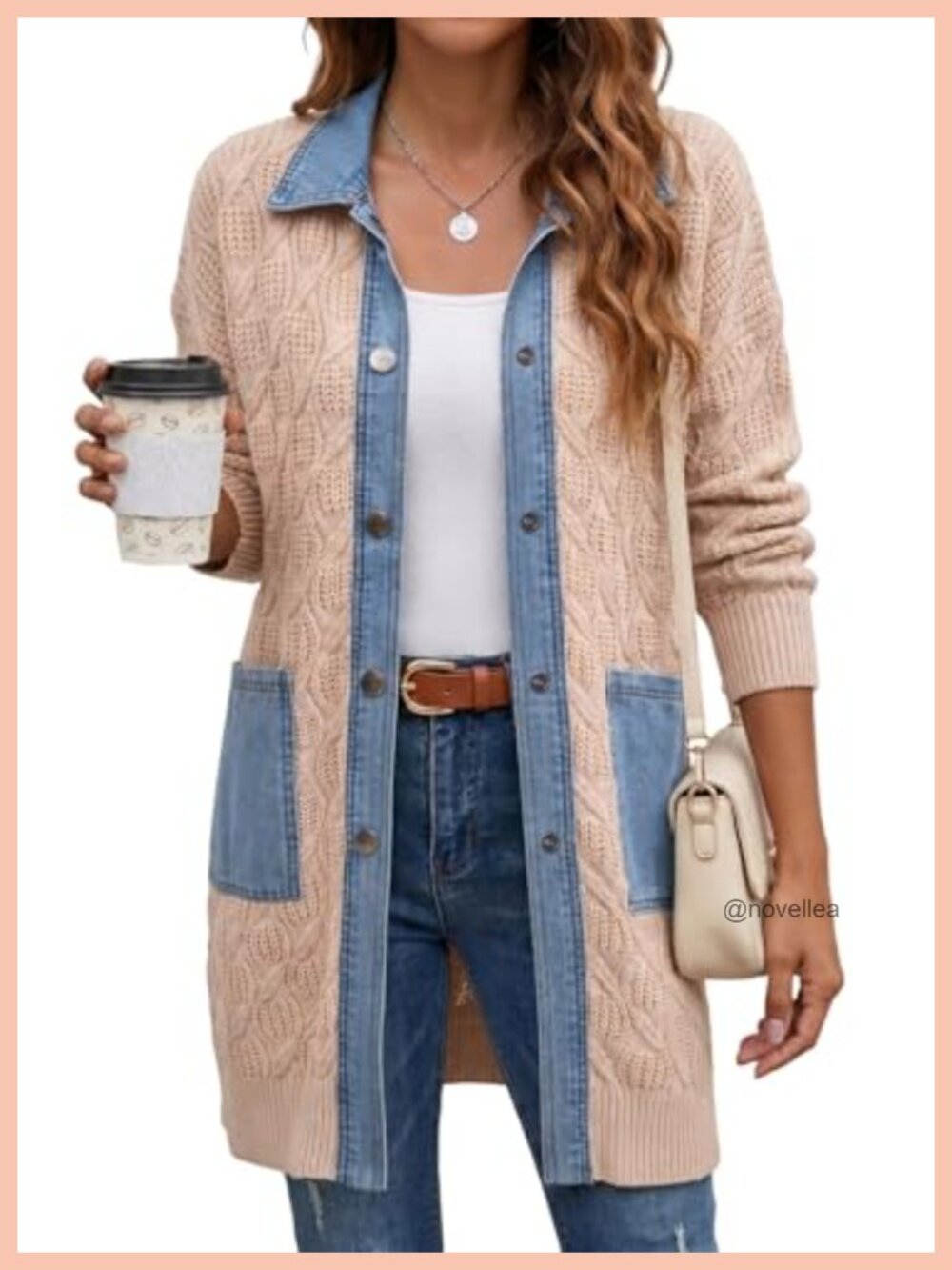 Denim Patchwork Cable Knit Chunky Cardigan Button Down Long Sweater Outerwear